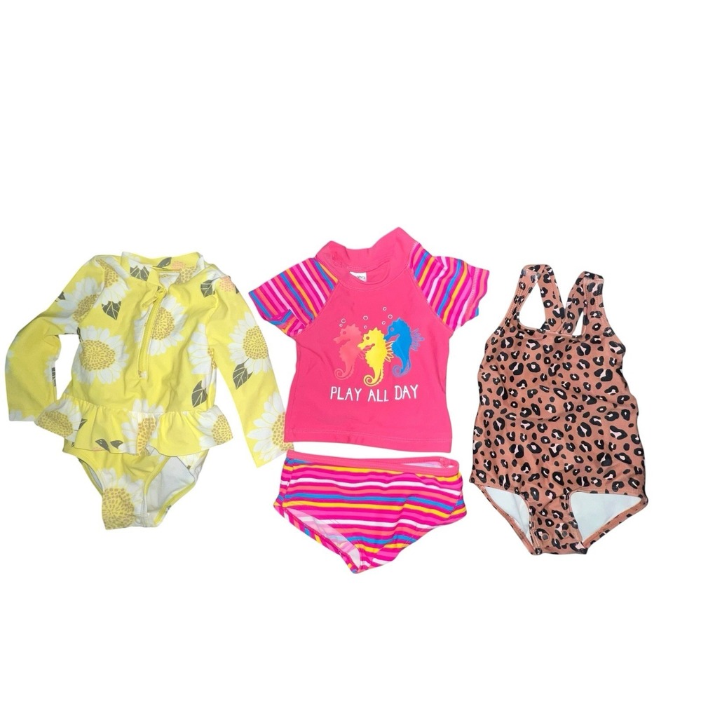 Bundle Of 3 Baby Girls‎ Swimsuits Size 6M Summer Beach Sunflowers Leopard Sea